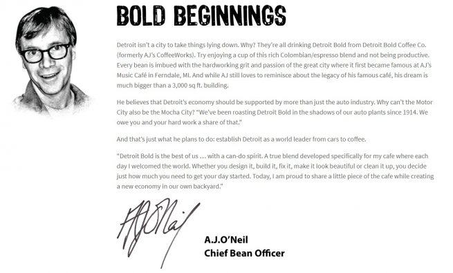 letter from founder aj oneil of detroti bold coffee